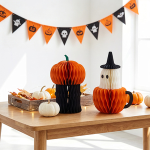 Lot de 2 lanternes citrouille 3D en papier nid d'abeille, écologiques, pour décoration intérieure, centres de table fantôme, pour Halloween et fêtes de la récolte d'automne - Product Image 1