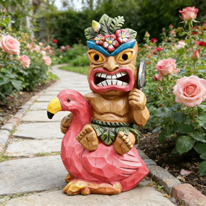 Estatua Colorida de Dios Tiki Montando un Flamenco, Escultura de Madera Tallada a Mano con Falda de Hojas, Arte Tropical Polinesio en Resina - Product Image 1