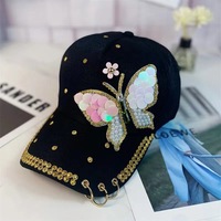 Gorra de béisbol de moda para mujer con lentejuelas, pedrería y abalorios, diseño de mariposa brillante estilo Kpop