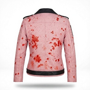 Nabtay Sports <b>Pink</b> Leather Motorcycle <b>Jacket</b> Women Full Sleeve Dripping Print Studded Collar Turn-down Zipper Closure <b>Waterproof</b> - Product Image 2