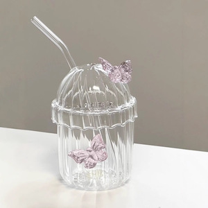 Милая 3D-кружка-бабочка из стекла с соломинкой и крышкой, прозрачная стеклянная чашка для кофе со льдом, молочного чая, креативный подарок для женщин и девушек - Product Image 3