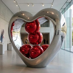Sculpture de cœur abstraite moderne en acier inoxydable de grande taille avec sphères rouges polies miroir, décoration d'art paysager extérieur pour jardin - Product Image 3