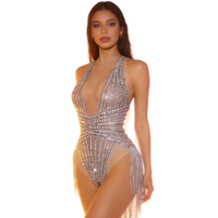 Combinaison sexy sans manches à strass et franges pour femme, tenue de club, combinaison une pièce, tenue de spectacle à Las Vegas, tenue de festival, justaucorps de danse aérienne