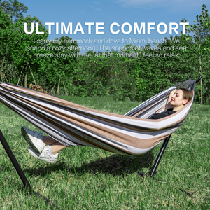 Hamac double d'extérieur pour jardin et terrasse, structure en acier robuste, capacité de 150 kg, sac de transport en nylon portable, pour 1 personne, gain de place - Product Image 3