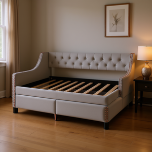 Divano letto matrimoniale imbottito con letto estraibile, struttura in legno, design capitonné con bottoni e braccioli con borchie color rame, mobili per camera degli ospiti - Product Image 2