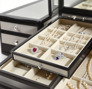 ตู้เครื่องประดับไม้ที่ทันสมัยพร้อมกระจกและลิ้นชักและพื้นผิวพิเศษและลูกบิดและเท้าสนับสนุนและช่อง - Product Image 3