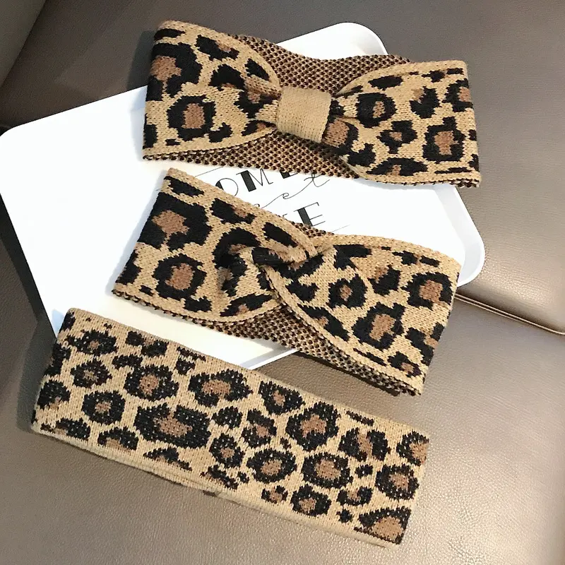 Turban d'hiver imprimé léopard en tricot au Crochet, bandeau élastique pour cheveux, bandeau pour oreilles, bandeau extensible à nœud large avec Logo personnalisé