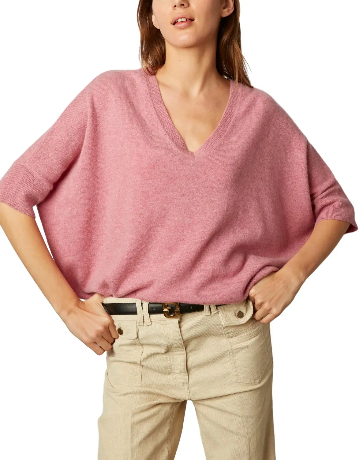 HDGD24002 Loose Fit Plain Fabric Dropped Sleeves V-Neck Short Sleeves Cashmere Sweater With A Tunic Feel