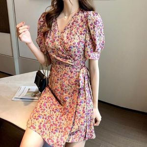 Lady's Elegant V-neck Floral Pattern <strong>Dress</strong> with Full Cuffs, Tight Waistband and Slit at the Hem, a Casual Mini Skirt - Product Image 1