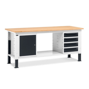 Fami WORK2005 Établi réglable de 200cm avec plateau en bois bicolore, armoire et 4 tiroirs - Product Image 1