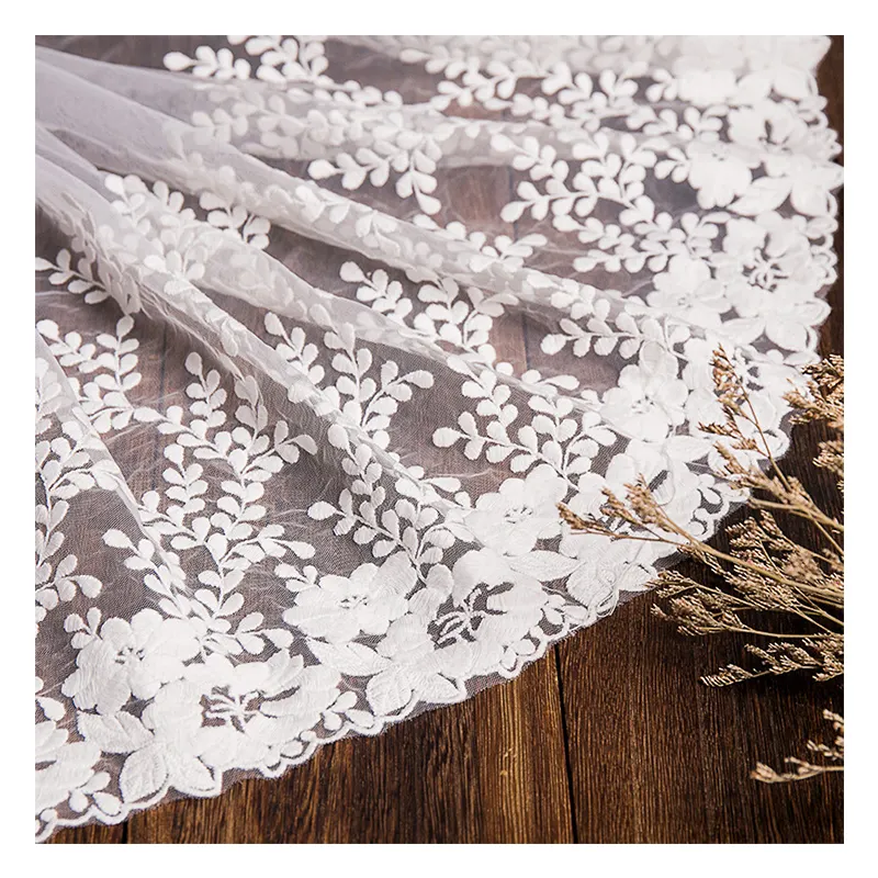Garniture en dentelle textile jacquard en maille de coton et tulle pour robe de mariée, tissu brodé de fleurs roses