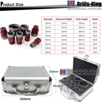 Drills-King Kit de 8 scies cloches diamantées 20 + 25 + 32 + 40 + 45 + 50 + 68mm M14 Perçage à sec pour carreaux de porcelaine Céramique Marbre Jeu de forets diamantés