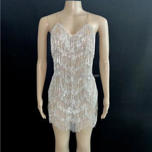 Robe de bal courte transparente à franges en strass argenté scintillant, <span class=keywords><strong>col</strong></span> en V, pour célébrer un anniversaire, robe de <span class=keywords><strong>danseuse</strong></span>, robe de célébrité - Product Image 4