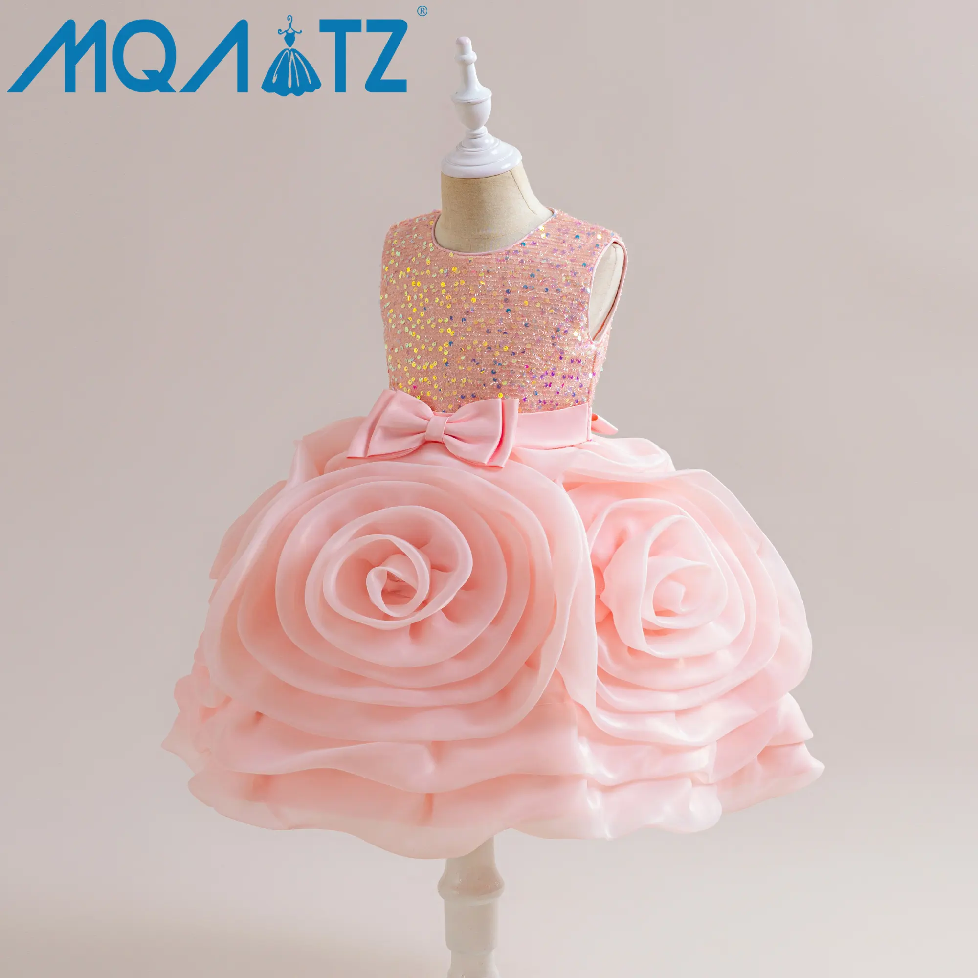 MQATZ New children fashion sleeveless fluffy wedding bow elegant party dresses flower pink frock for kids