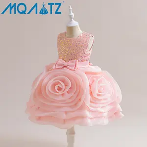 MQATZ New Children Fashion Sleeveless Fluffy Wedding Bow Elegant Party Dresses Flower Pink Frock For Kids