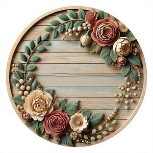 Plaque de bienvenue ronde en bois avec fleurs et feuilles sculptées, décoration murale pour la maison, 10*10cm avec émail - Product Image 3