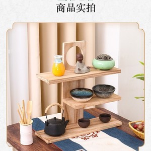 En stock: Estante de escritorio de madera maciza, estante de exhibición antiguo, estante de almacenamiento de tres niveles para tazas de té y juegos de té de madera maciza, estilo retro chino. - Product Image 2