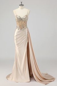 Abito da ballo <span class=keywords><strong>a</strong></span> <span class=keywords><strong>sirena</strong></span> color oro champagne, direttamente dalla fabbrica, <span class=keywords><strong>con</strong></span> corsetto trasparente, ricami 3D di paillettes, in raso, <span class=keywords><strong>con</strong></span> <span class=keywords><strong>spacco</strong></span> alto e allacciatura posteriore. - Product Image 5