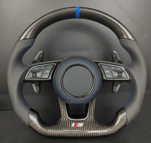 Volant en fibre de carbone pour Audi A3/A4/A5/A6/A7/A8/Q5/Q7/Q8/<span class=keywords><strong>Q3</strong></span> S/<span class=keywords><strong>RS</strong></span> Line, cuir perforé, bande bleue, palettes de changement de vitesse personnalisées - Product Image 1