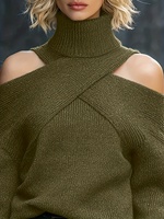Pull en maille à col roulé pour femme, coupe croisée, épaules dénudées, boutonné, manches longues, couleur unie, automne-hiver