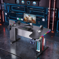 Grand bureau de jeu RVB moderne en forme de L avec lumière LED Table d'ordinateur de bureau noire pour salle de jeu en métal durable