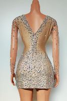 Madame Mesh Tight and Sexy Deep V Luxurious Rhinestone Hip Hugging Short Skirt Party Banquet Host Performance Costume