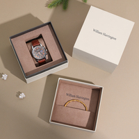 Boîte personnalisée minimaliste A1 en crème avec logo, 12,2x12,2x10,5 cm, pochette en papier gris anthracite 24 cm, coffret cadeau pour montre et bracelet