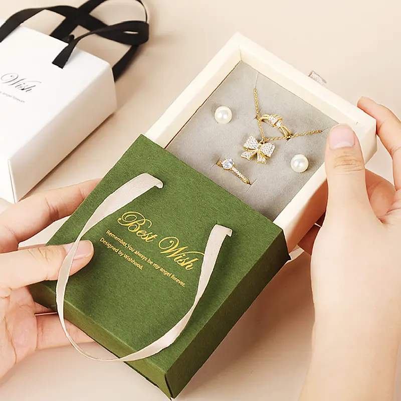 2022 Custom Luxury Hot Stamping White Printed Drawer Sliding Satin Jewelry Packaging Gift Box With Handle