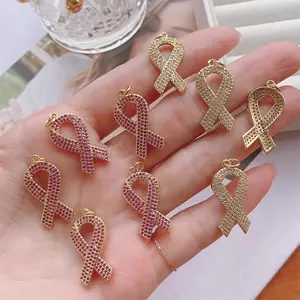 wholesale Zircon Micro Mosaic Pink white Ribbon Breast Cancer Awareness pendant Charm Breast Cancer Necklace