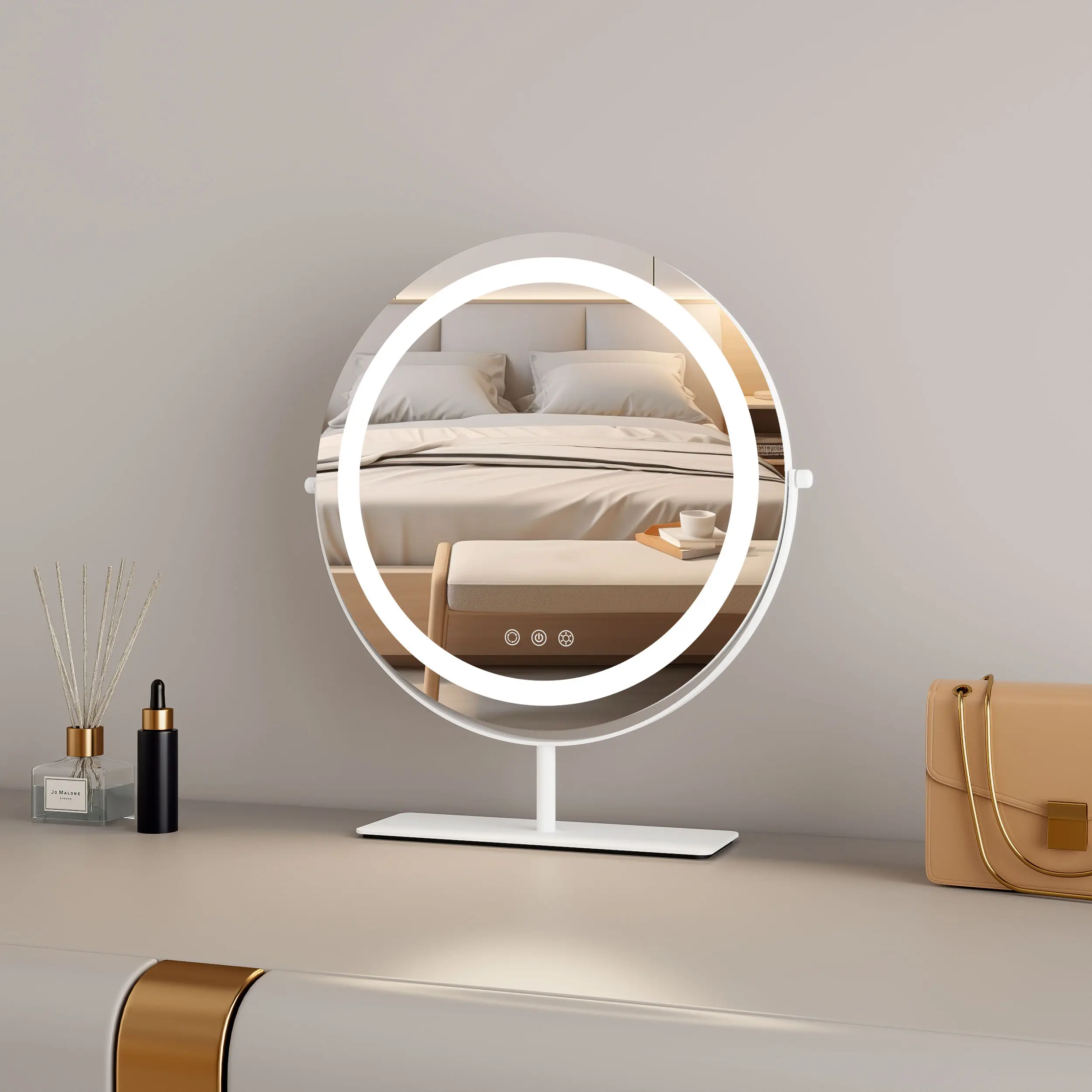 مرآة بوجه 360 بإضاءة 3 ألوان تدور من جهة التصنيع لوضع مستحضرات التجميل على الطاولة، مرآة لوضع مستحضرات التجميل على سطح المكتب مع إضاءة ليد