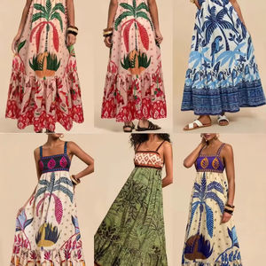 Vestido largo con tirantes finos y estampado de plantas Vintage, vestido informal sin mangas con hombros descubiertos para vacaciones, vestidos con dobladillo grande de verano para mujer - Product Image 1