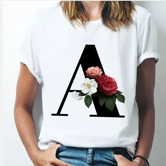 Custom Floral Letter T Shirt Combination 26 Letters Printing Font A B C D E F G Student Bottoming Top Short Sleeve Clothes