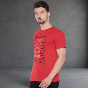 T-shirt rouge à manches courtes pour homme, col rond, coupe classique, imprimé lettres sur le devant, 100 % coton jersey respirant, tricoté, 320g - Product Image 1