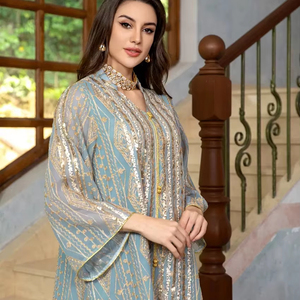 R-368 Elegante Abito Abaya da Donna Fatto a Mano Stile Dubai con Ricami in Rete e Paillettes <span class=keywords><strong>Chic</strong></span> Moda Serale per Musulmane - Product Image 1