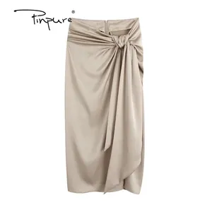 R30844S Women Fashion With Knotted Gathered Front Slit Midi Skirt Vintage High Waist Back Zipper Female Skirts Mujer