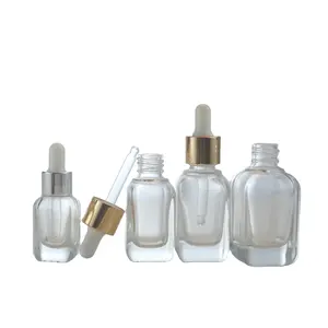 Botol kelas bawah tebal bening persegi, dengan tutup Serum penetes botol tetes kaca 10ml 20ml 40ml diskon besar