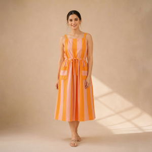 Robe midi bohème sexy 100% coton à fines bretelles col carré éco-responsable coupe évasée vintage taille naturelle avec poches - Product Image 1