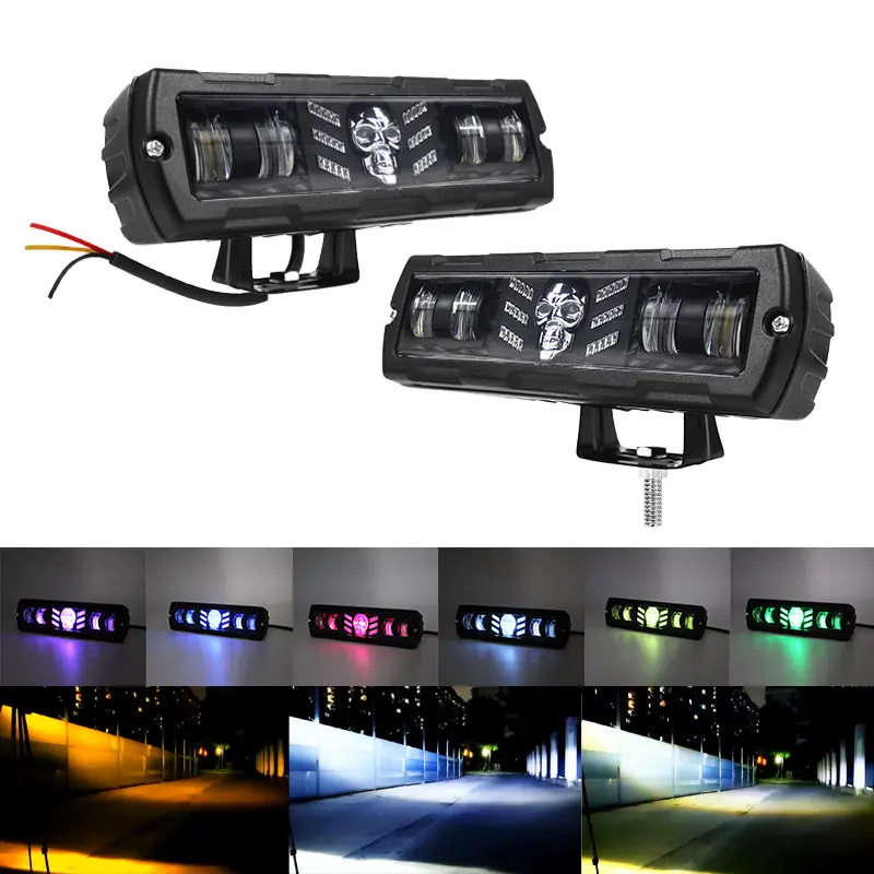 Luz de trabalho LED âmbar branco com padrão de esqueleto RGB flash de 6 polegadas barra de inundação para motocicleta, carro, SUV, offroad, lâmpada de neblina