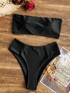 Customized Summer Recycled Swimsuits High Waist Swimwear Ribbed Crinkle <b>Bathing</b> Suit Two-piece Split Bandeau Bikini for Ladies - Product Image 2