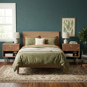 Mesita de noche de madera maciza con cajón con incrustaciones de hojas y compartimento abierto - Product Image 3
