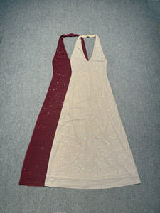 厂家直销女式无袖无背v领缎带钻石吊带衫马克西派对裙 - Product Image 2