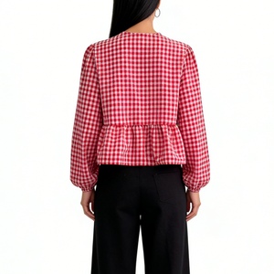 Chemisier Peplum à Nœud Imprimé Carreaux Vichy pour Femme - Haut Décontracté à Manches Longues et Ourlet Volanté Tendance - Product Image 6