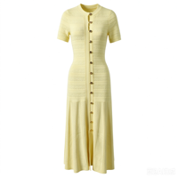 Robe en tricot élégante et ajustée à col rond et manches courtes, style décontracté pour le bureau, avec détails ajourés au crochet et fermeture simple boutonnée pour femme