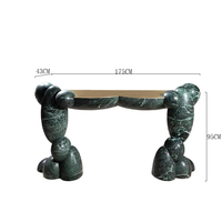 Table console sculpturale artistique en marbre vert, base en galets organiques, table d'entrée en pierre naturelle pour villa de luxe, hall d'hôtel