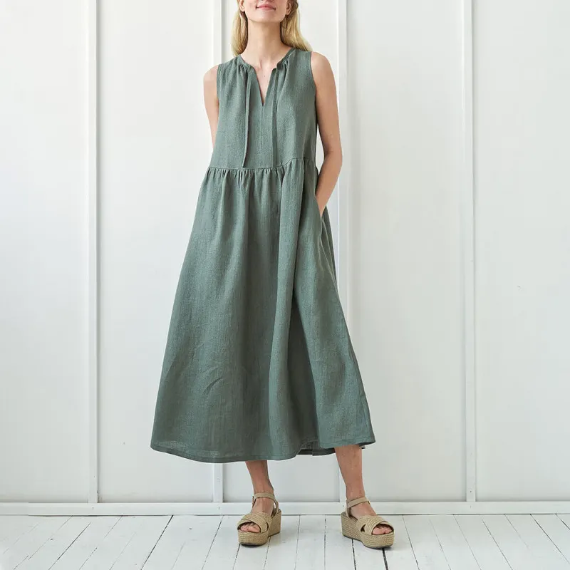 Custom Simple Solid Sleeveless 100% Cotton Linen Dress Loose High Quality Summer Linen Long Dresses Women 2022