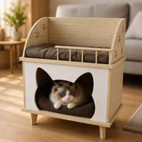 Maisonnette pour animaux en bois personnalisée 2-en-1 : Perchoir pour chat et niche pour petit chien, entrée en forme de tête de chat, pieds robustes, lit d'intérieur pour animaux