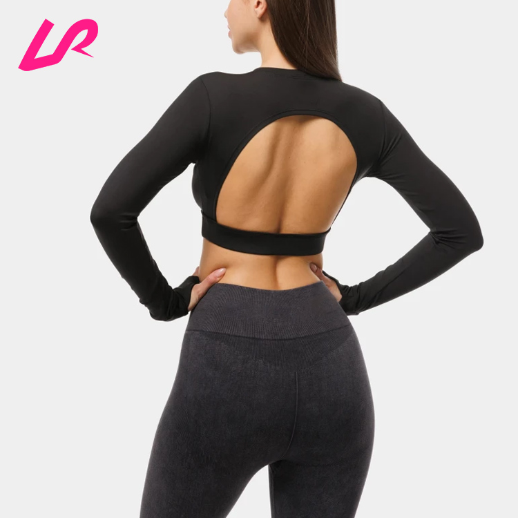 Hot Selling Ladies Gym Yoga Top Casual Cropped Sweatshirts Long Sleeves Open Back Four Way Stretch Crew Neck Breathable