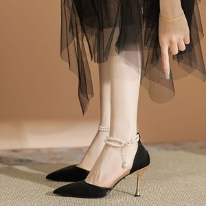 6333E Zapatos de Tacón de Aguja con Punta Puntiaguda y Correa de Tobillo con Perlas, Zapatos de Novia de Satén, Tendencia de Moda Femenina - Product Image 4