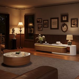 AJUNION-Support <span class=keywords><strong>TV</strong></span> extensible moderne en bois MDF, placage de noyer, console multimédia en pierre, luminosité réglable, unité <span class=keywords><strong>TV</strong></span> - Product Image 6