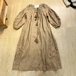 Romantic Casual Women Long Cotton Linen Dress Holiday Elegant Pocket Luxury Long Sleeve Bohemian Hollow Embroidery Plus Size